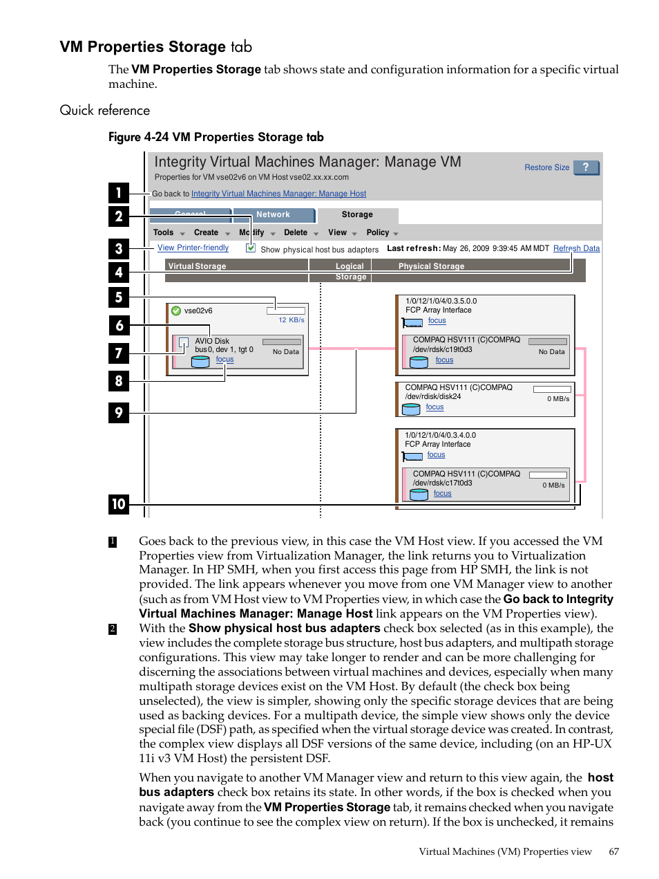 Vm properties storage tab, Quick reference, Vm properties storage | Integrity virtual machines manager: manage vm, Figure 4-24 vm properties storage tab | HP Matrix Operating Environment Software User Manual | Page 67 / 138