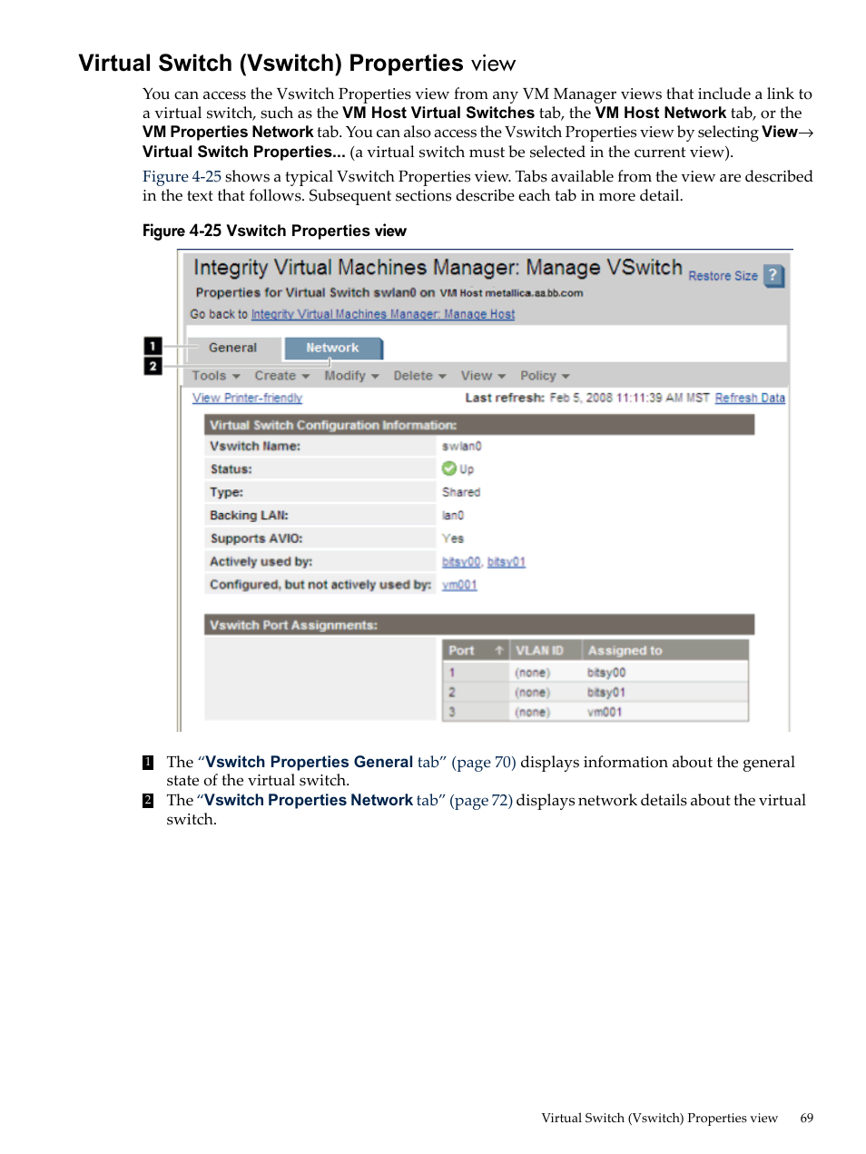 Virtual switch (vswitch) properties view, Virtual switch (vswitch) properties, View | HP Matrix Operating Environment Software User Manual | Page 69 / 138