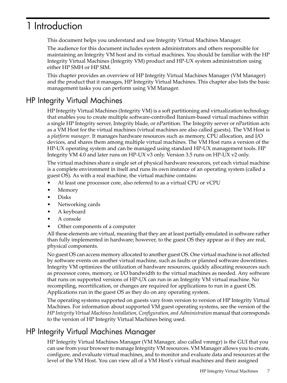1 introduction, Hp integrity virtual machines, Hp integrity virtual machines manager | HP Matrix Operating Environment Software User Manual | Page 7 / 138