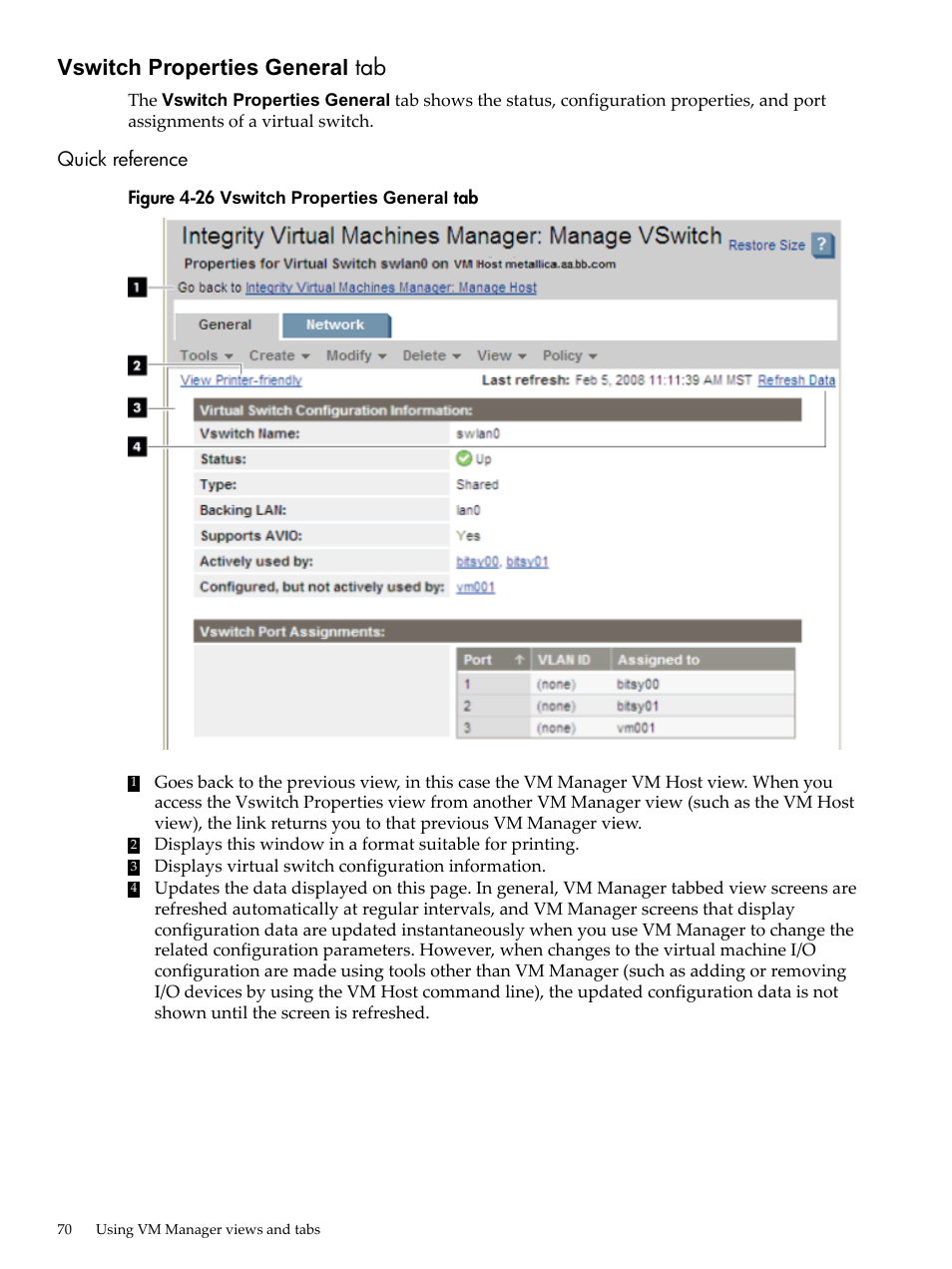 Vswitch properties general tab, Quick reference, Vswitch properties general | HP Matrix Operating Environment Software User Manual | Page 70 / 138