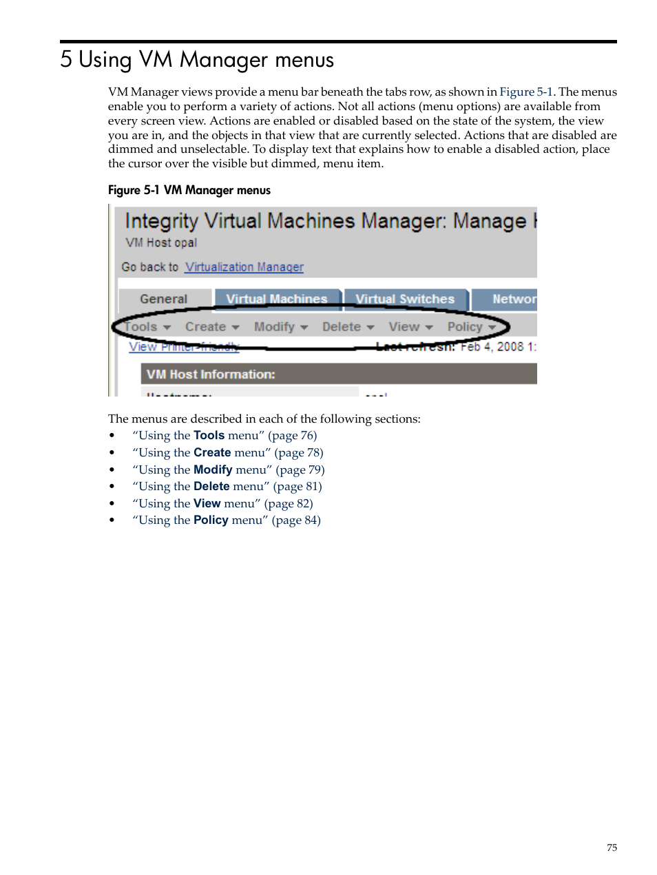 5 using vm manager menus, Chapter 5 | HP Matrix Operating Environment Software User Manual | Page 75 / 138