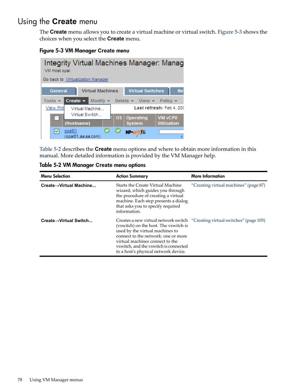 Using the create menu | HP Matrix Operating Environment Software User Manual | Page 78 / 138