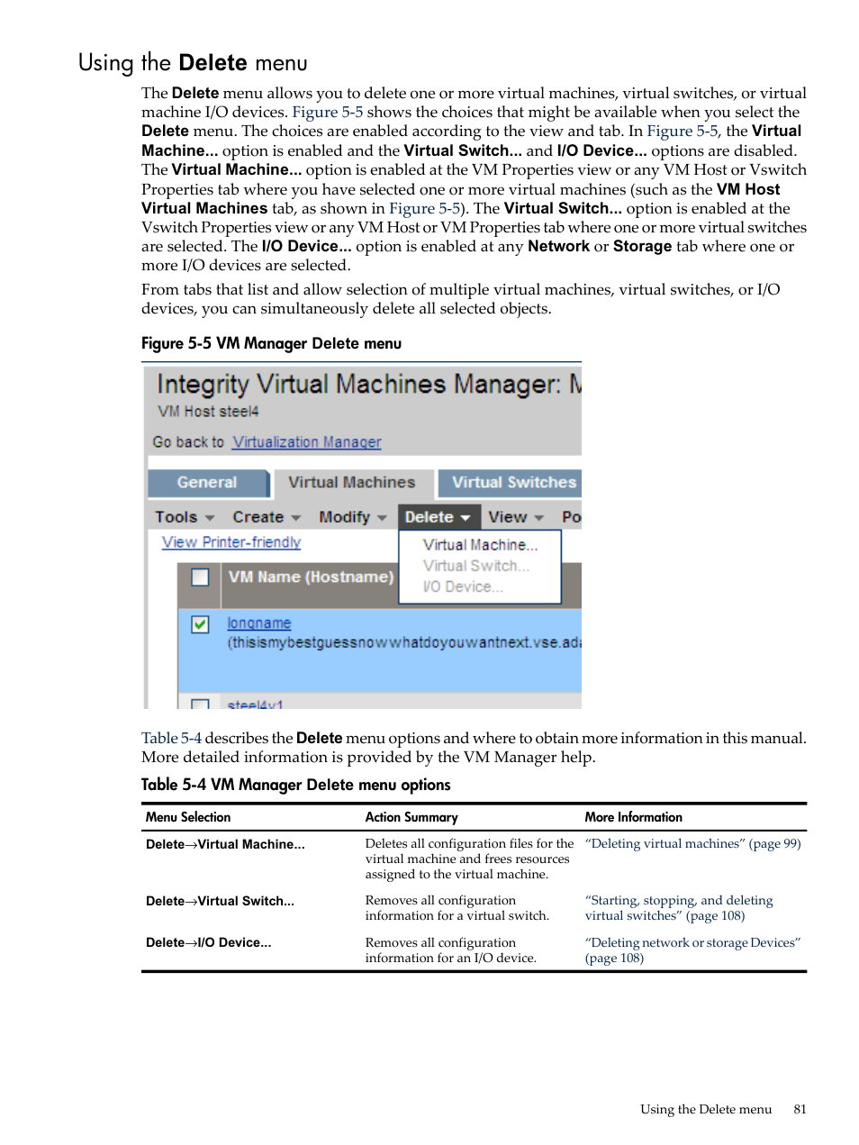 Using the delete menu | HP Matrix Operating Environment Software User Manual | Page 81 / 138