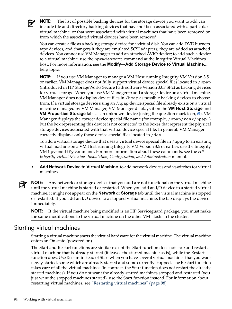 Starting virtual machines | HP Matrix Operating Environment Software User Manual | Page 94 / 138