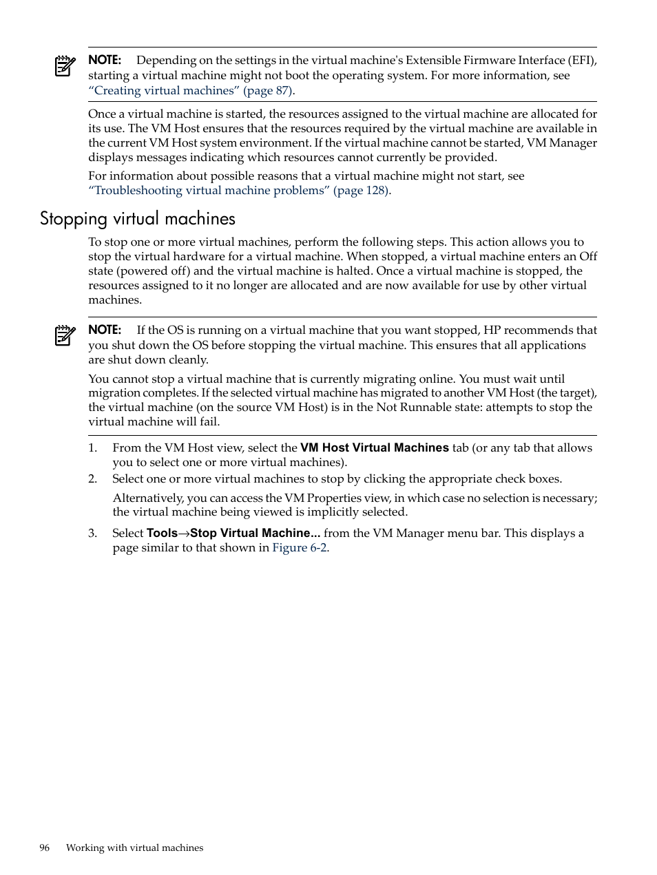 Stopping virtual machines | HP Matrix Operating Environment Software User Manual | Page 96 / 138