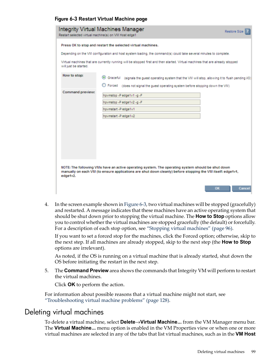 Deleting virtual machines | HP Matrix Operating Environment Software User Manual | Page 99 / 138