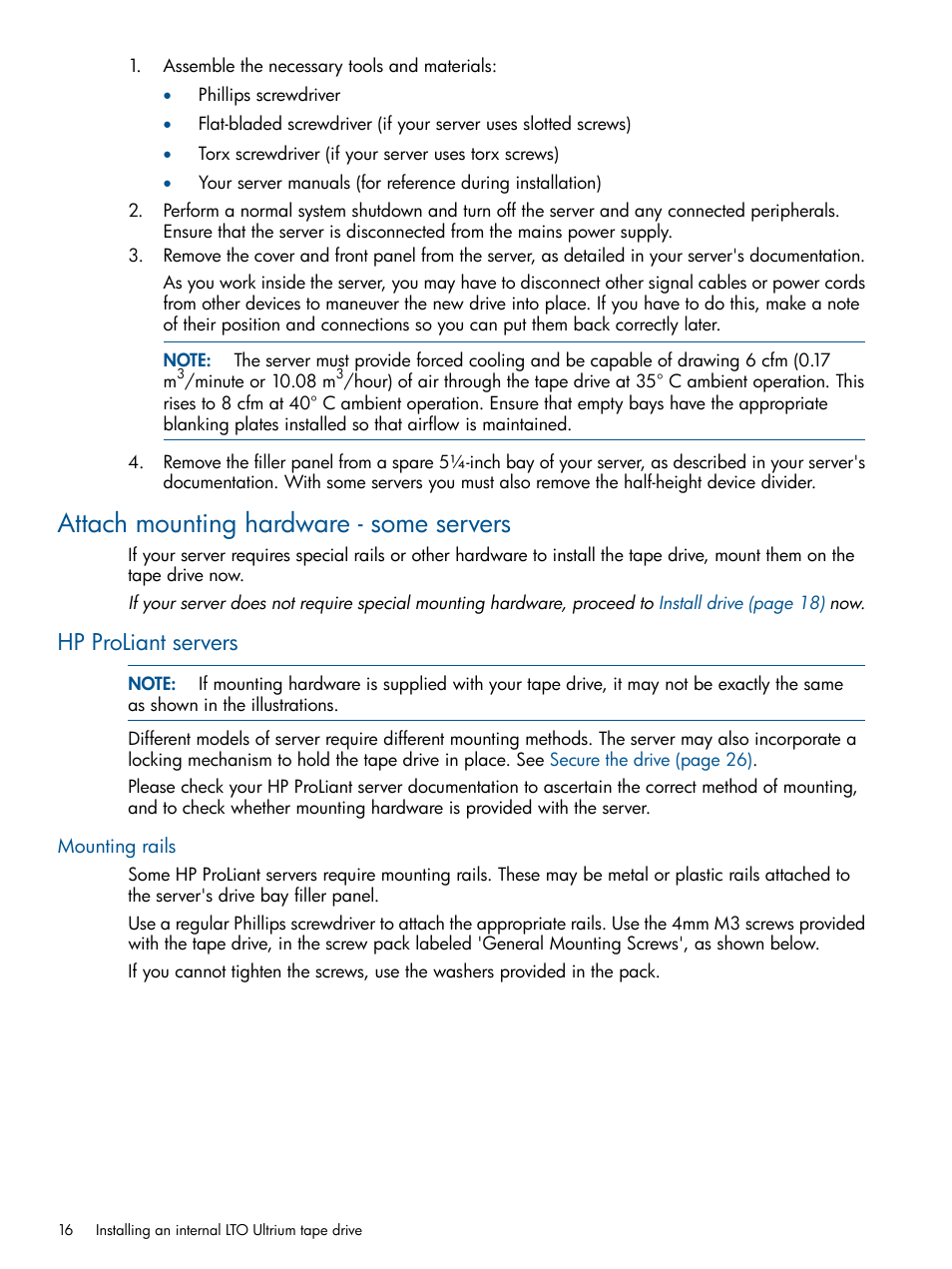 Attach mounting hardware - some servers, Hp proliant servers, Mounting rails | HP StoreEver Ultrium Tape Drives User Manual | Page 16 / 61