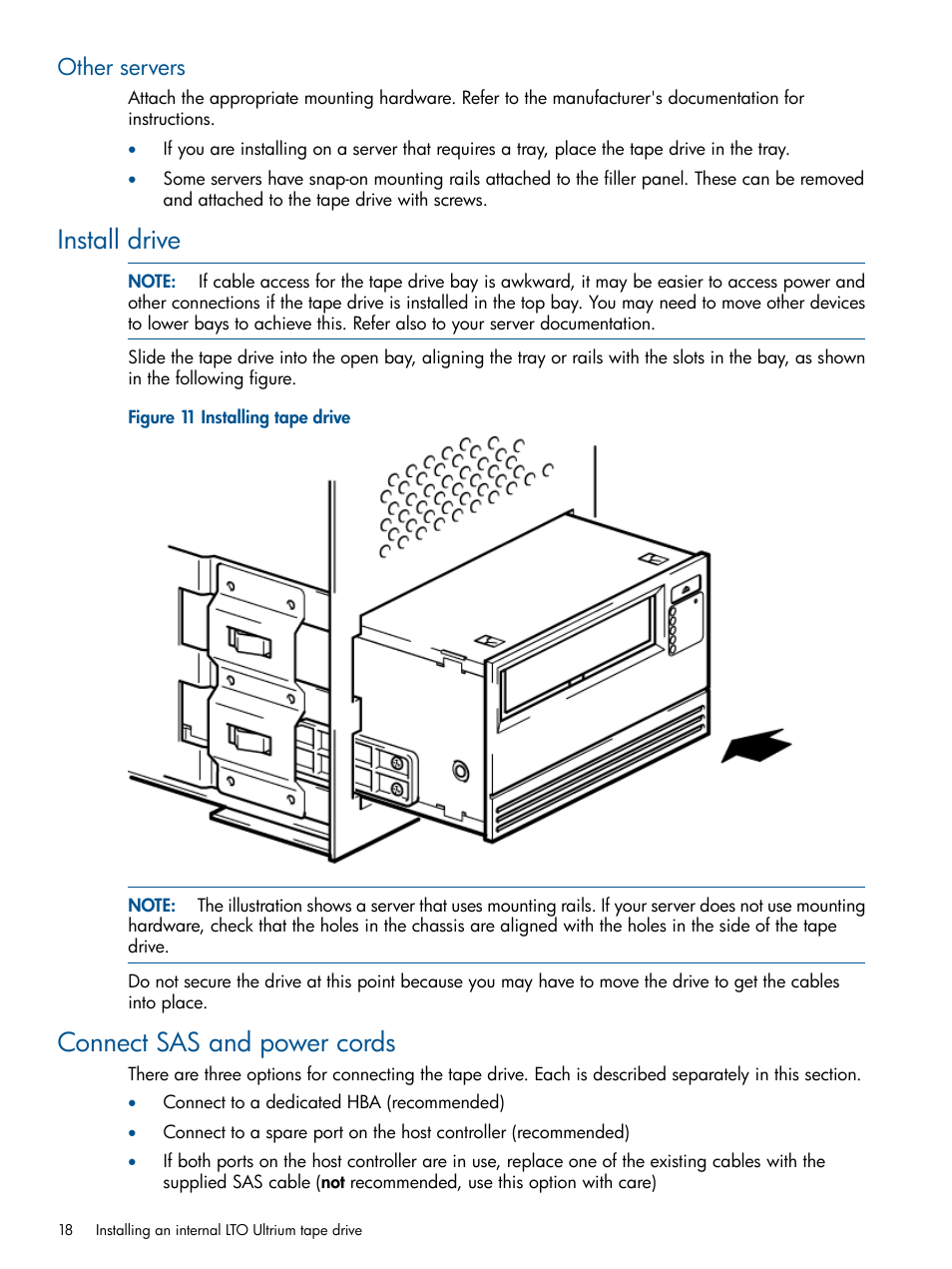 Other servers, Install drive, Connect sas and power cords | Install drive connect sas and power cords | HP StoreEver Ultrium Tape Drives User Manual | Page 18 / 61
