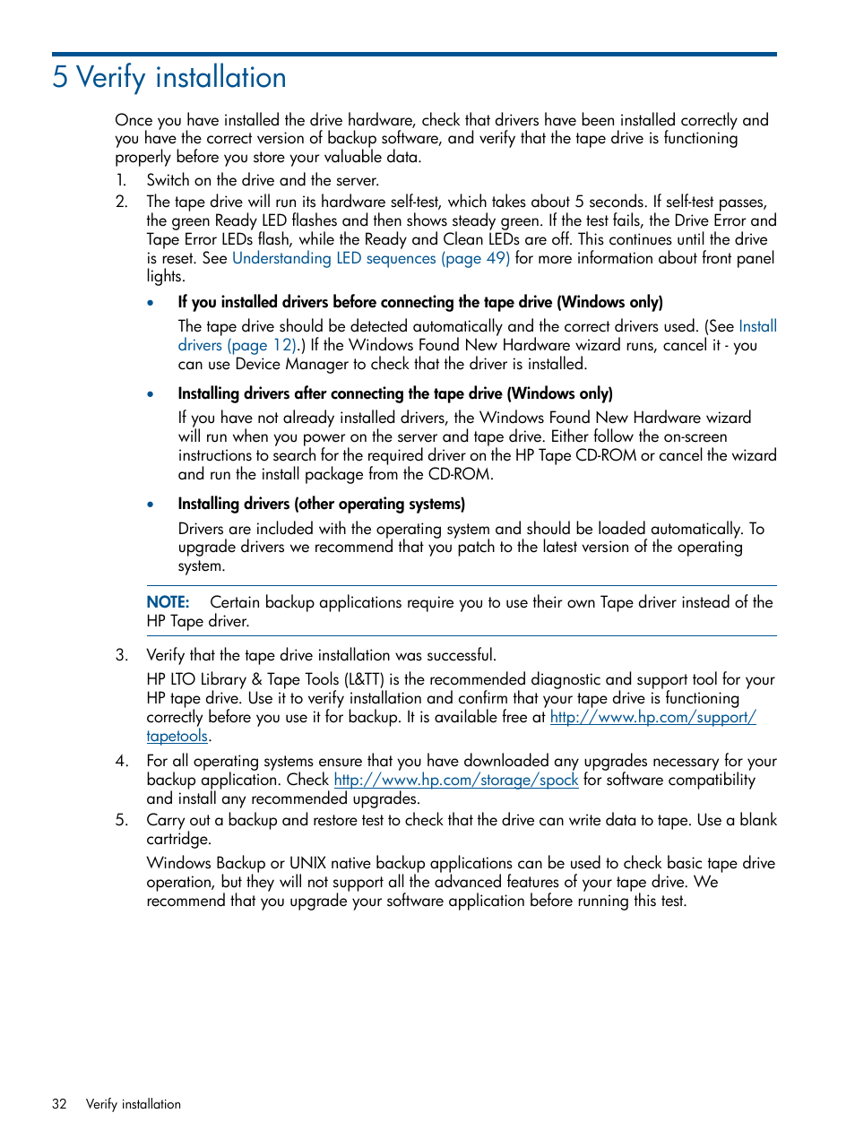 5 verify installation | HP StoreEver Ultrium Tape Drives User Manual | Page 32 / 61