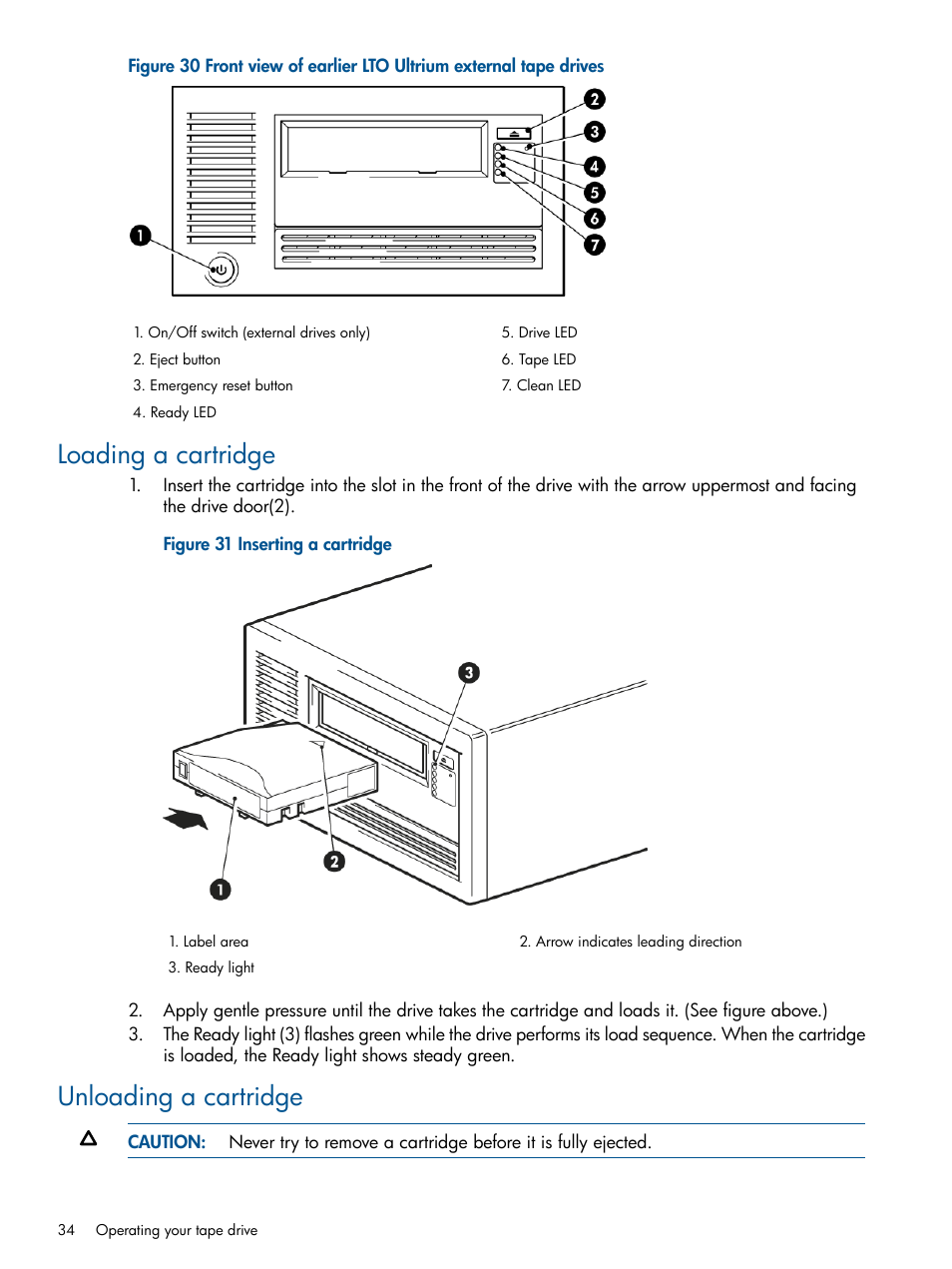Loading a cartridge, Unloading a cartridge, Loading a cartridge unloading a cartridge | HP StoreEver Ultrium Tape Drives User Manual | Page 34 / 61
