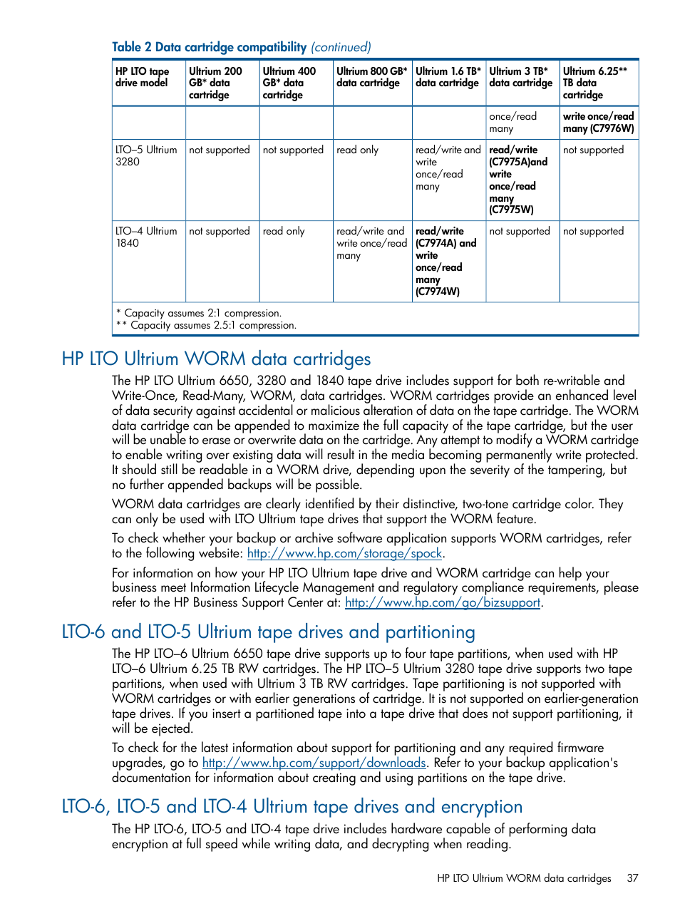 Hp lto ultrium worm data cartridges | HP StoreEver Ultrium Tape Drives User Manual | Page 37 / 61