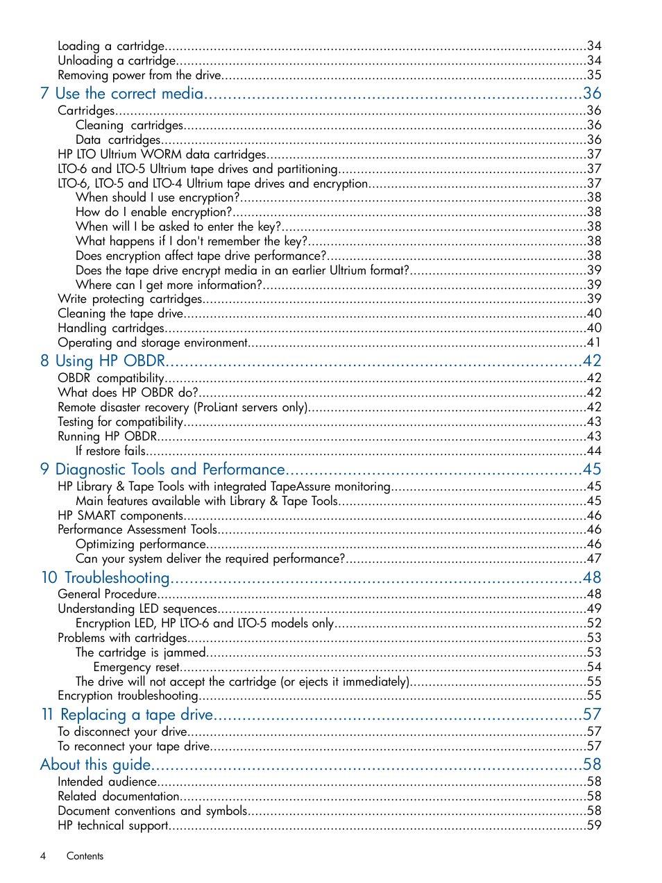 7 use the correct media, 8 using hp obdr, 9 diagnostic tools and performance | 10 troubleshooting, 11 replacing a tape drive, About this guide | HP StoreEver Ultrium Tape Drives User Manual | Page 4 / 61