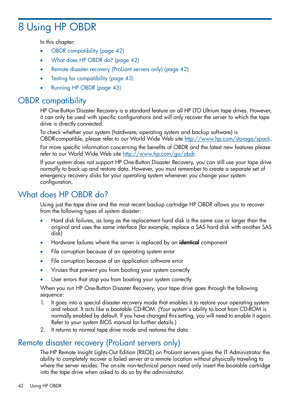 8 using hp obdr, Obdr compatibility, What does hp obdr do | Remote disaster recovery (proliant servers only), Obdr | HP StoreEver Ultrium Tape Drives User Manual | Page 42 / 61
