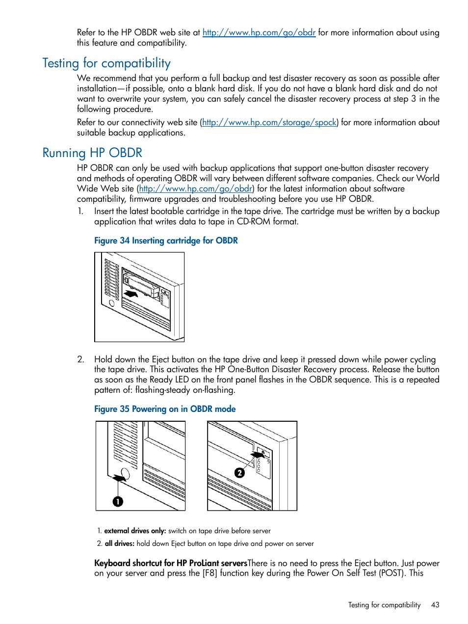 Testing for compatibility, Running hp obdr, Testing for compatibility running hp obdr | HP StoreEver Ultrium Tape Drives User Manual | Page 43 / 61