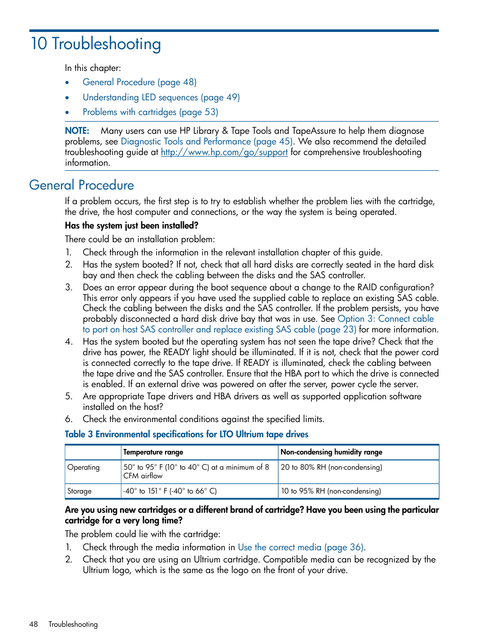 10 troubleshooting, General procedure | HP StoreEver Ultrium Tape Drives User Manual | Page 48 / 61