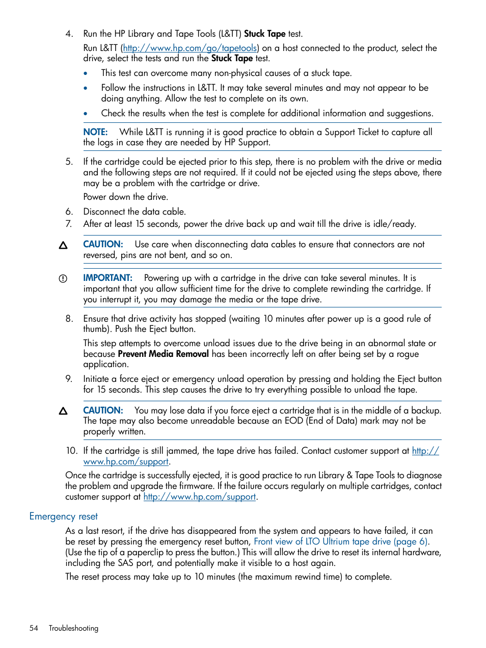 Emergency reset | HP StoreEver Ultrium Tape Drives User Manual | Page 54 / 61