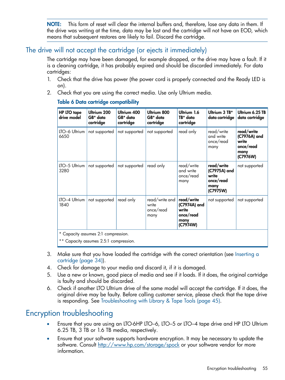 Encryption troubleshooting | HP StoreEver Ultrium Tape Drives User Manual | Page 55 / 61