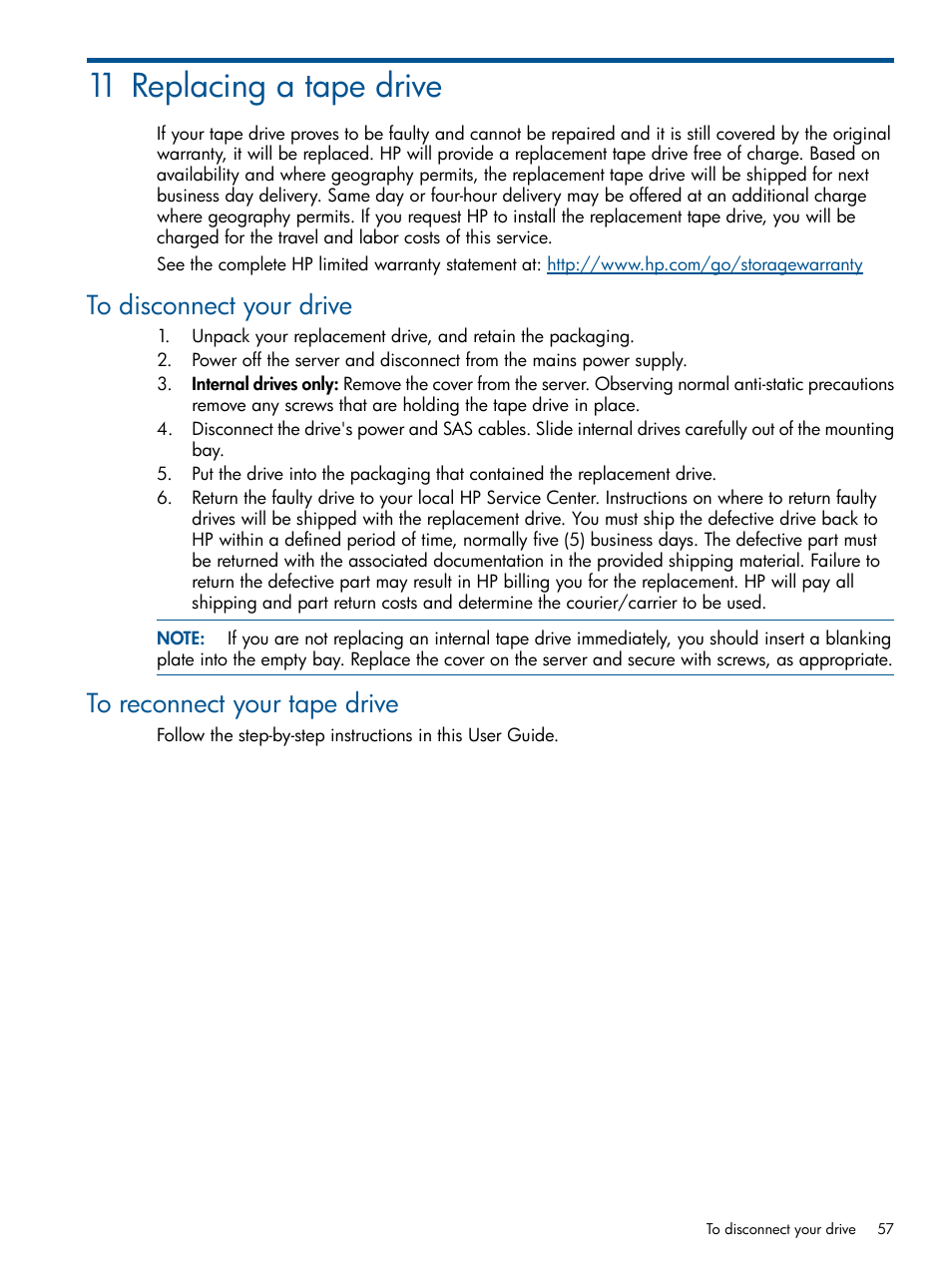 11 replacing a tape drive, To disconnect your drive, To reconnect your tape drive | HP StoreEver Ultrium Tape Drives User Manual | Page 57 / 61