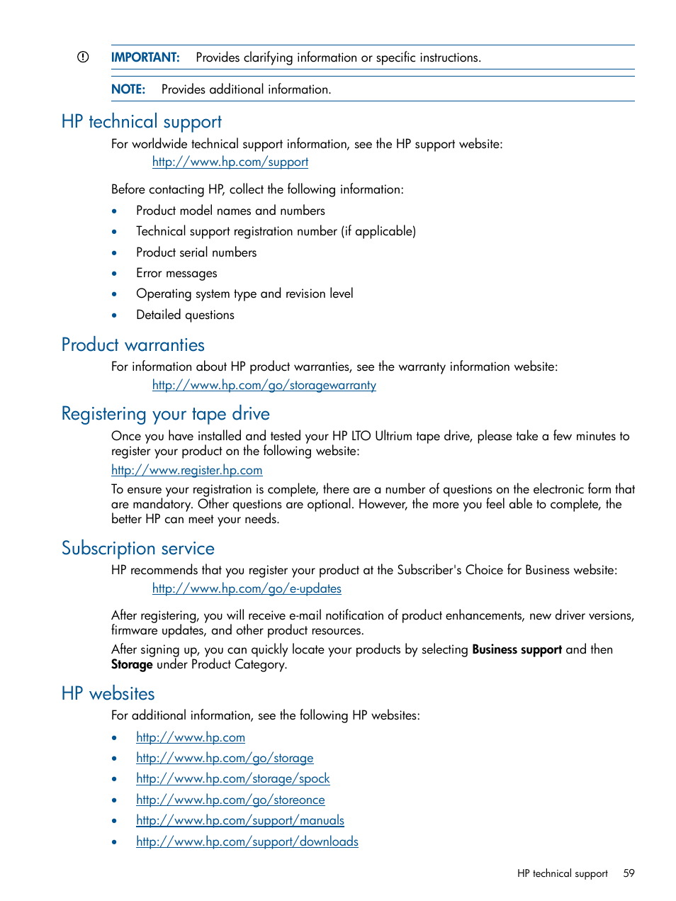 Hp technical support, Product warranties, Registering your tape drive | Subscription service, Hp websites | HP StoreEver Ultrium Tape Drives User Manual | Page 59 / 61