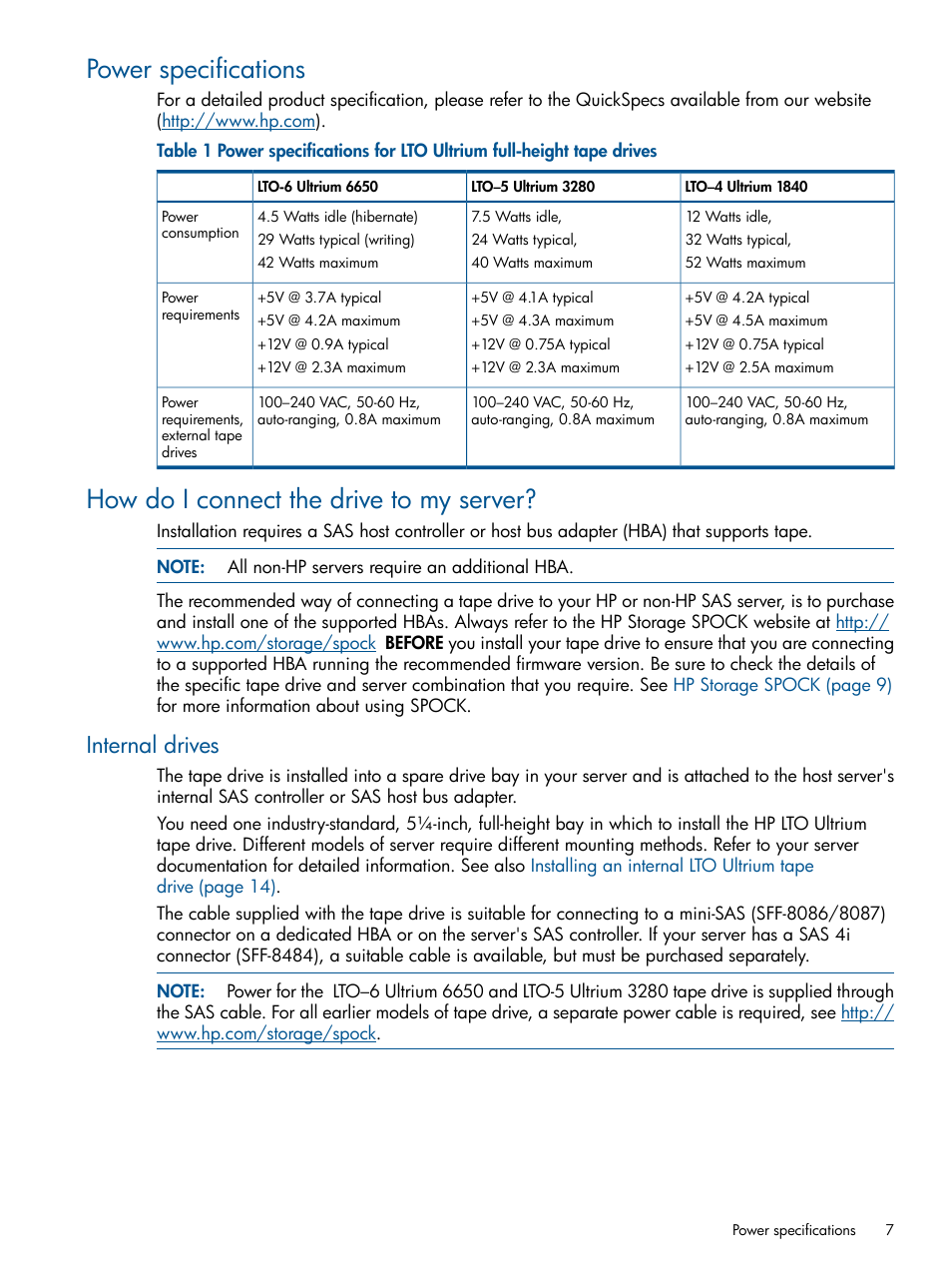 Power specifications, How do i connect the drive to my server, Internal drives | HP StoreEver Ultrium Tape Drives User Manual | Page 7 / 61