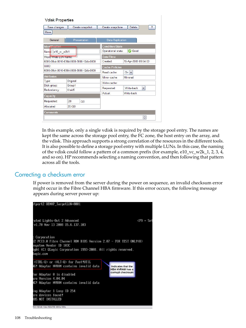 Correcting a checksum error, Correcting a, Checksum error | HP Matrix Operating Environment Software User Manual | Page 108 / 128