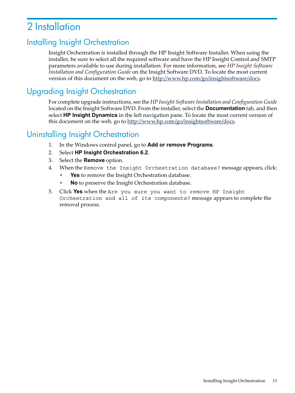 2 installation, Installing insight orchestration, Upgrading insight orchestration | Uninstalling insight orchestration | HP Matrix Operating Environment Software User Manual | Page 11 / 128