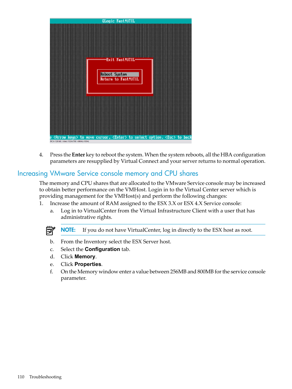Increasing vmware, Service console memory and cpu shares | HP Matrix Operating Environment Software User Manual | Page 110 / 128