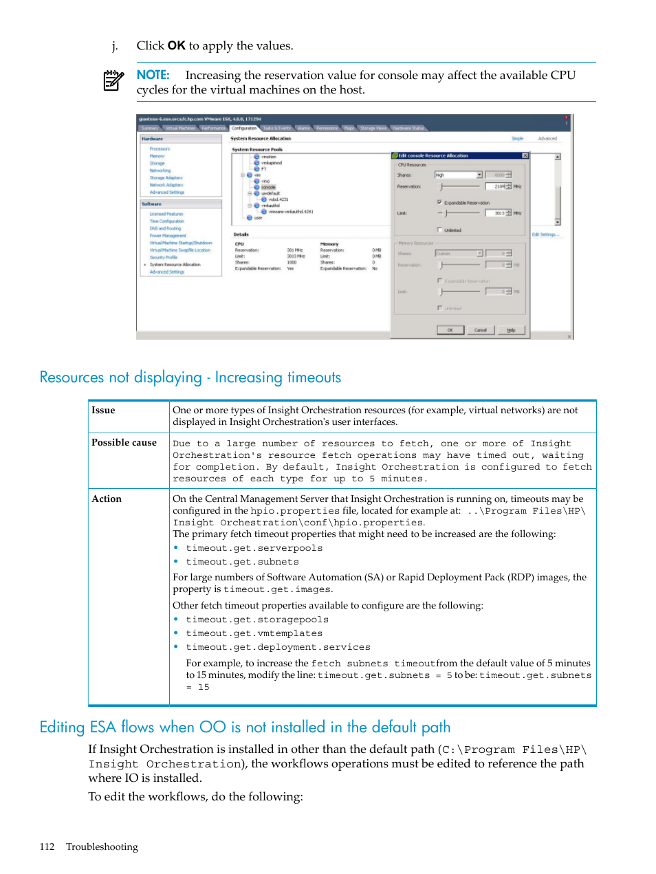 Resources not displaying - increasing timeouts | HP Matrix Operating Environment Software User Manual | Page 112 / 128