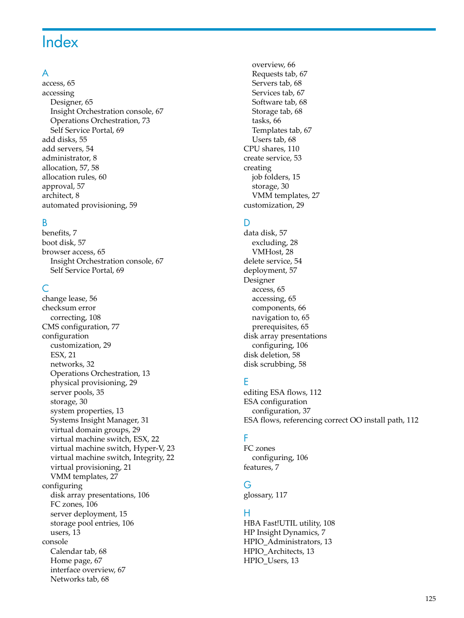 Index | HP Matrix Operating Environment Software User Manual | Page 125 / 128