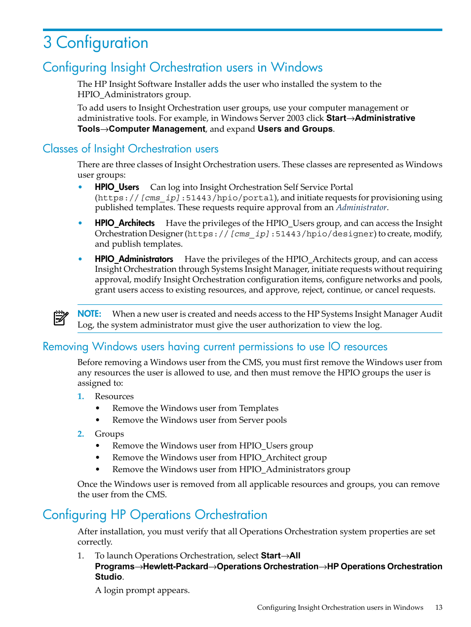 3 configuration, Configuring insight orchestration users in windows, Classes of insight orchestration users | Configuring hp operations orchestration | HP Matrix Operating Environment Software User Manual | Page 13 / 128