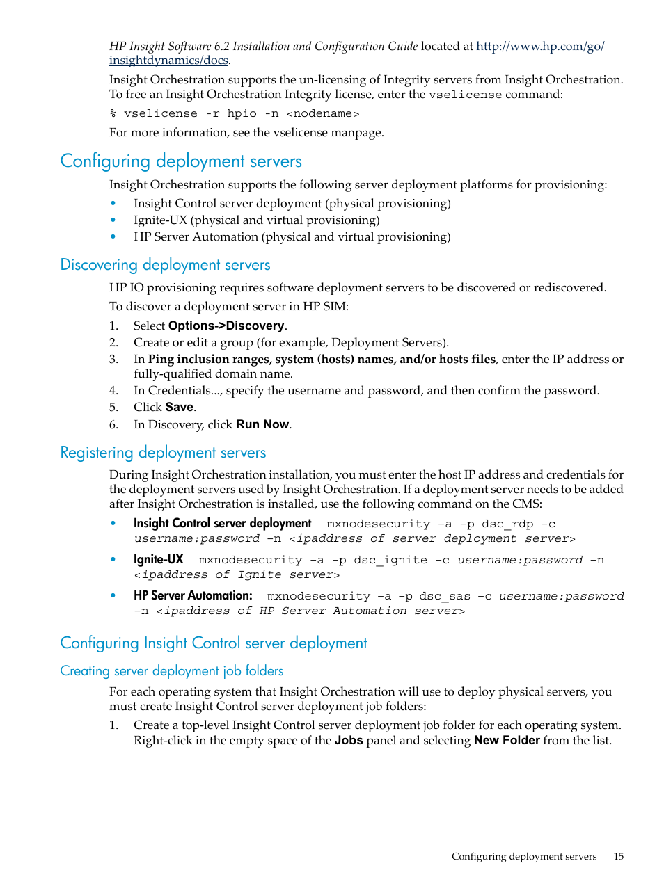 Configuring deployment servers, Discovering deployment servers, Registering deployment servers | Configuring insight control server deployment, Creating server deployment job folders | HP Matrix Operating Environment Software User Manual | Page 15 / 128