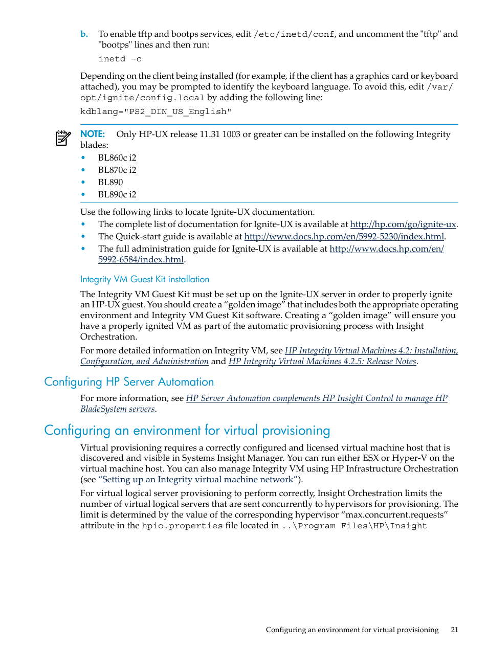 Integrity vm guest kit installation, Configuring hp server automation | HP Matrix Operating Environment Software User Manual | Page 21 / 128