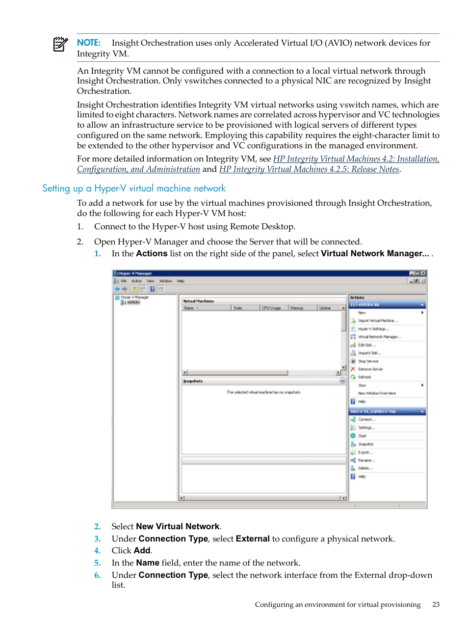Setting up a hyper-v virtual machine network | HP Matrix Operating Environment Software User Manual | Page 23 / 128