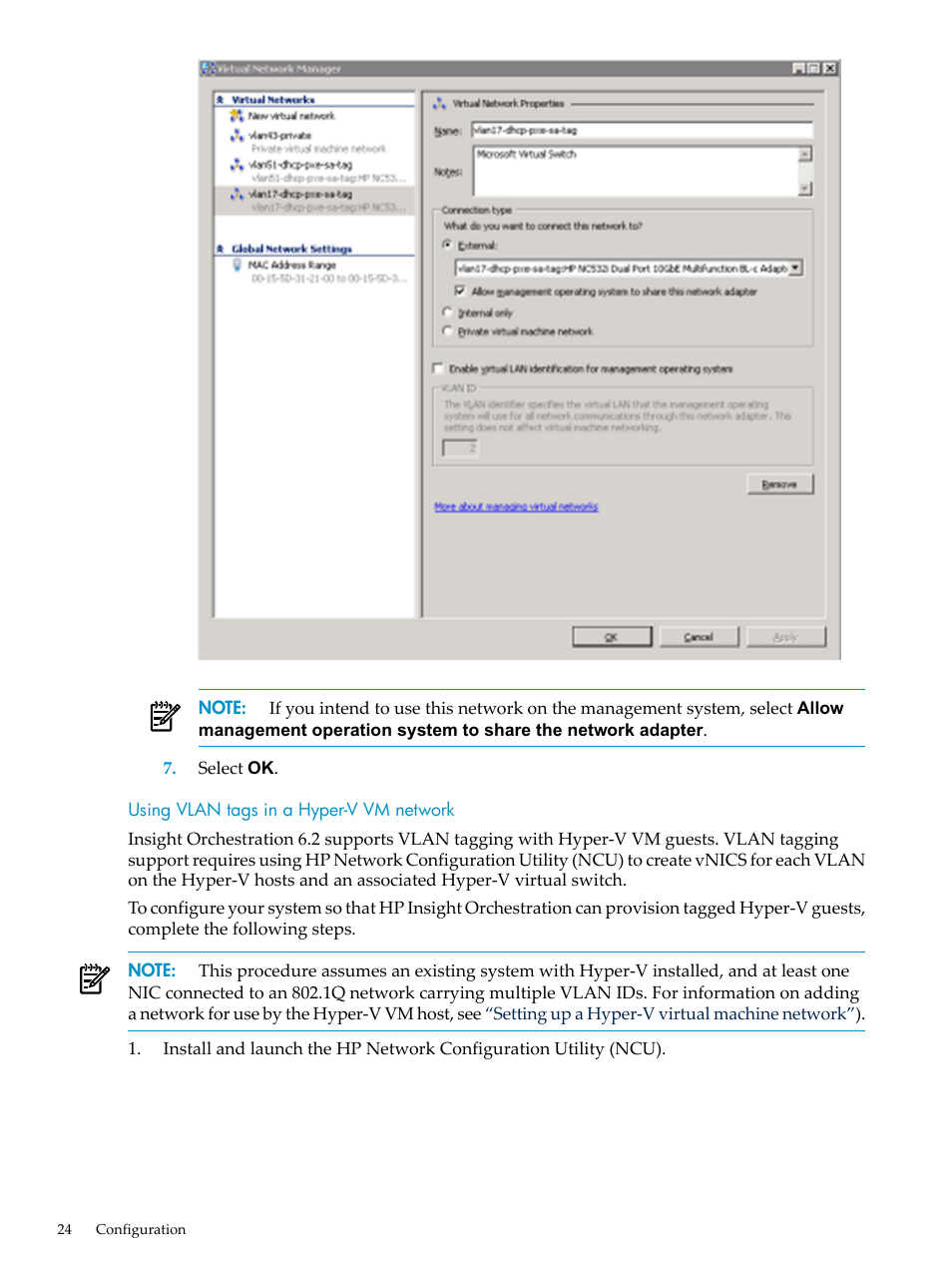 Using vlan tags in a hyper-v vm network | HP Matrix Operating Environment Software User Manual | Page 24 / 128