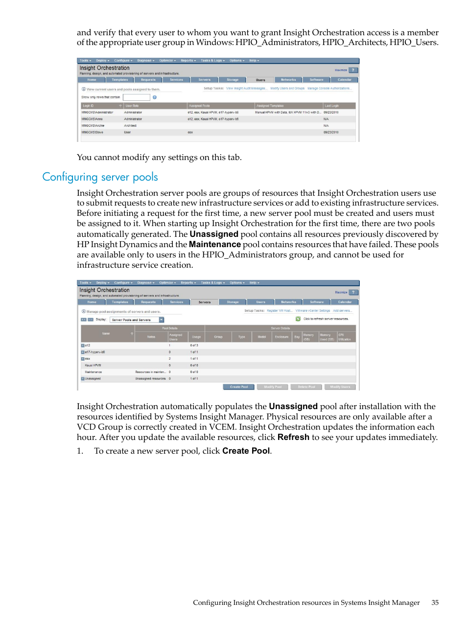 Configuring server pools | HP Matrix Operating Environment Software User Manual | Page 35 / 128