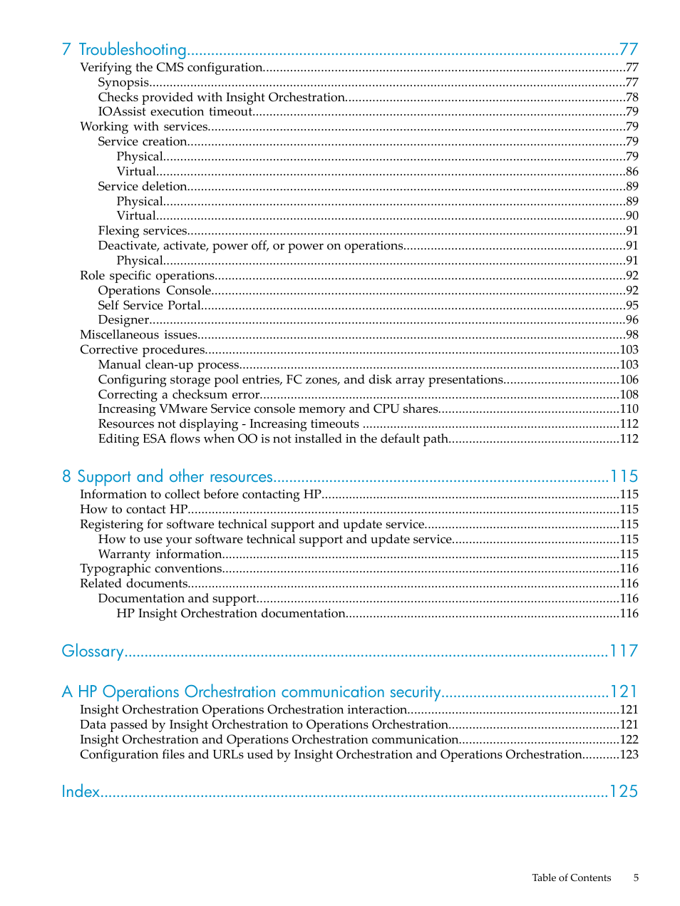 7 troubleshooting, 8 support and other resources, Index | HP Matrix Operating Environment Software User Manual | Page 5 / 128