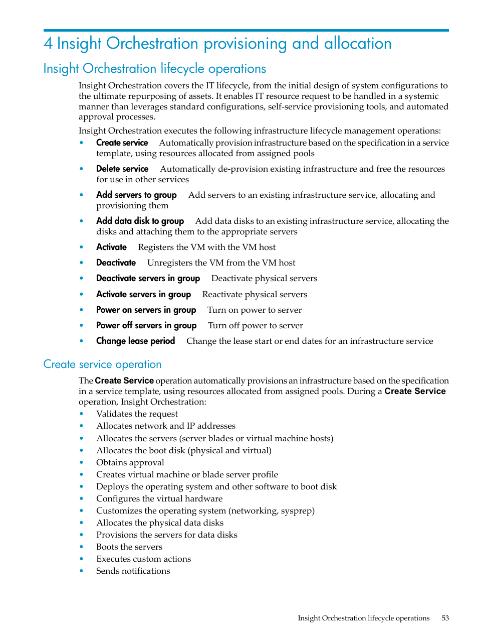 Insight orchestration lifecycle operations, Create service operation | HP Matrix Operating Environment Software User Manual | Page 53 / 128