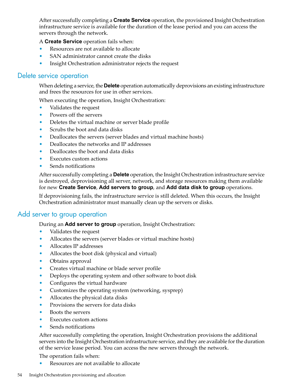 Delete service operation, Add server to group operation | HP Matrix Operating Environment Software User Manual | Page 54 / 128