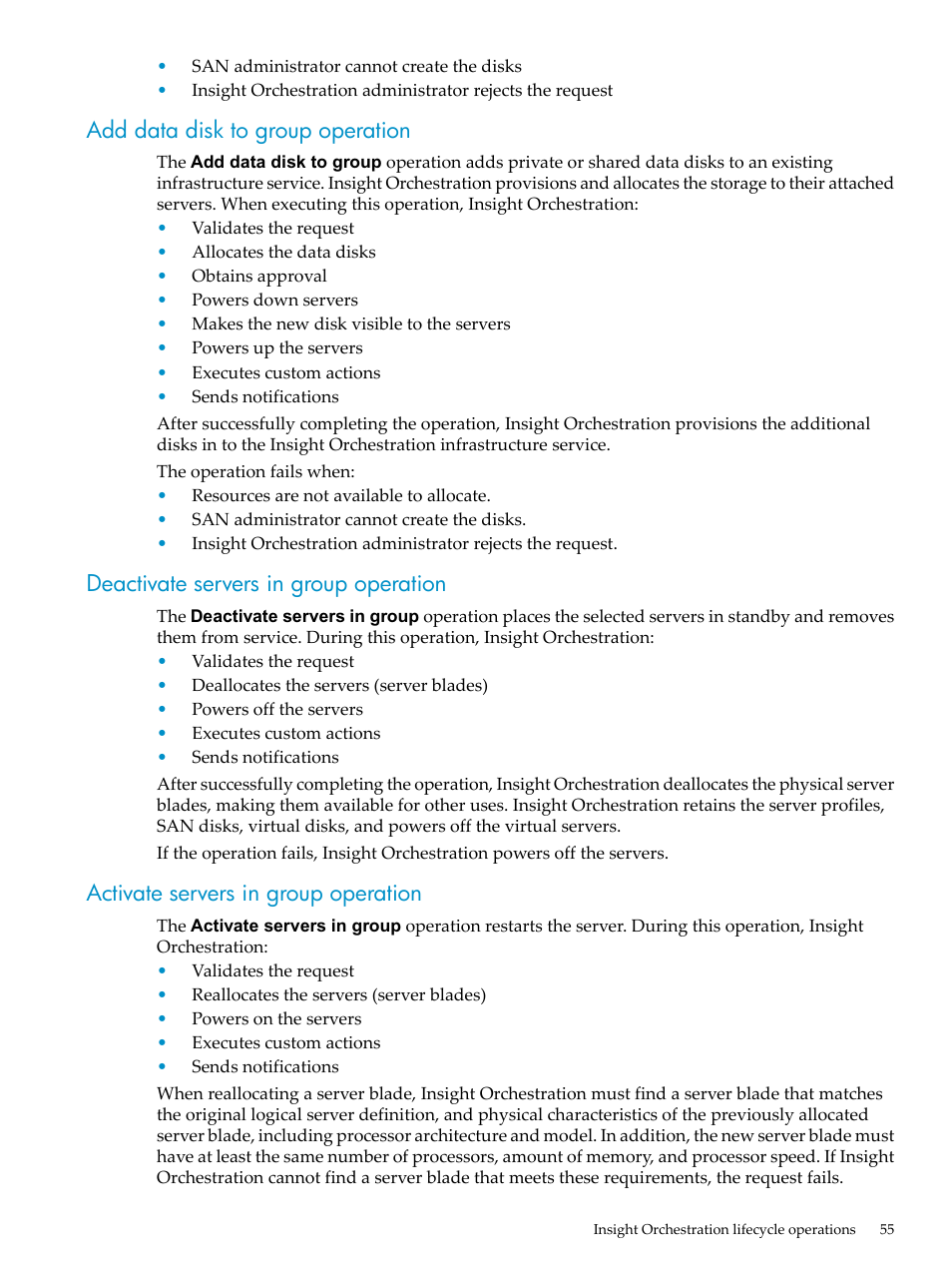 Add data disk to group operation, Deactivate servers in group operation, Activate servers in group operation | HP Matrix Operating Environment Software User Manual | Page 55 / 128
