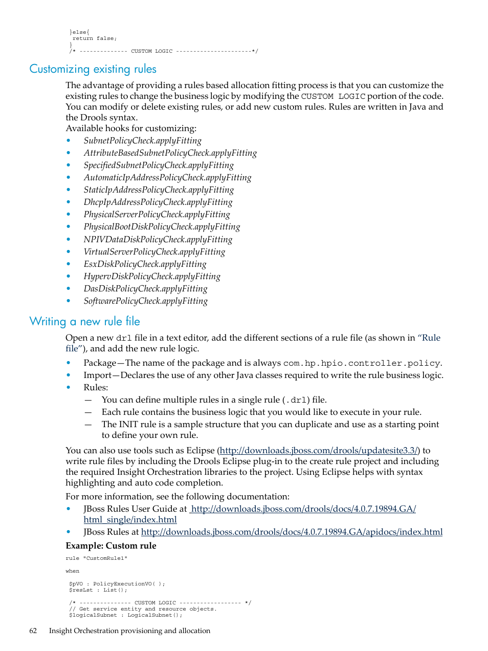 Customizing existing rules, Writing a new rule file, Customizing existing rules writing a new rule file | HP Matrix Operating Environment Software User Manual | Page 62 / 128