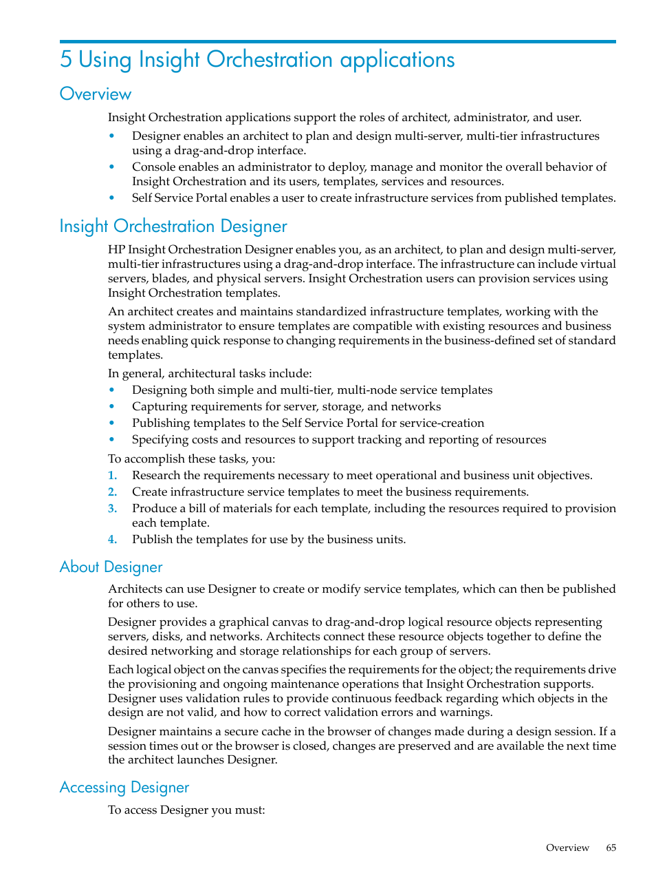 5 using insight orchestration applications, Overview, Insight orchestration designer | About designer, Accessing designer, Overview insight orchestration designer, About designer accessing designer | HP Matrix Operating Environment Software User Manual | Page 65 / 128