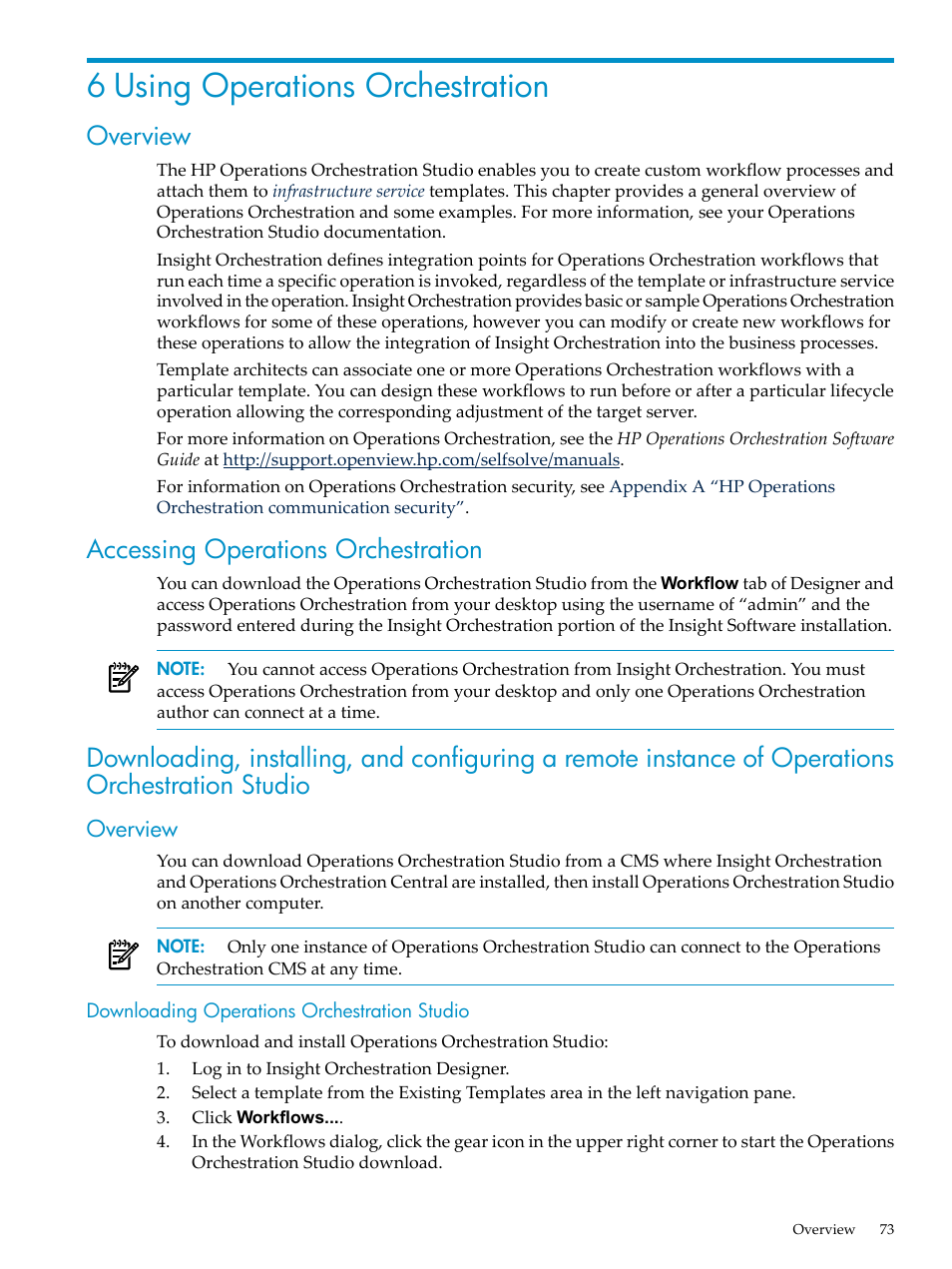 6 using operations orchestration, Overview, Accessing operations orchestration | Downloading operations orchestration studio | HP Matrix Operating Environment Software User Manual | Page 73 / 128