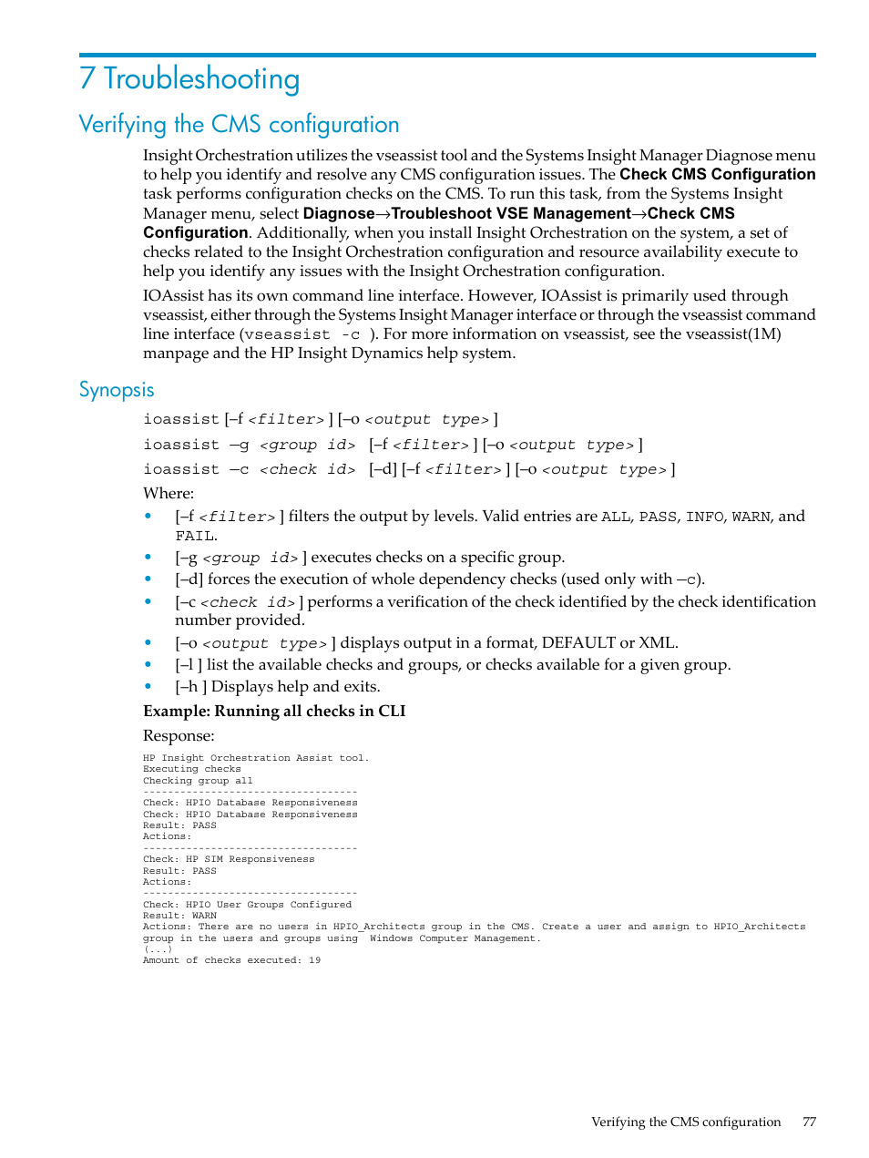 7 troubleshooting, Verifying the cms configuration, Synopsis | HP Matrix Operating Environment Software User Manual | Page 77 / 128