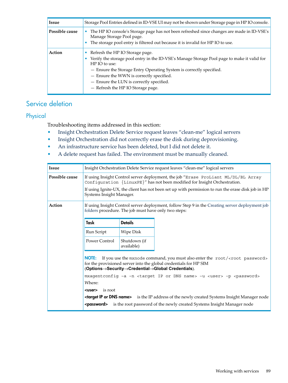 Service deletion, Physical | HP Matrix Operating Environment Software User Manual | Page 89 / 128