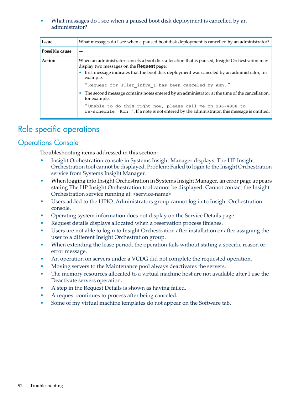 Role specific operations, Operations console | HP Matrix Operating Environment Software User Manual | Page 92 / 128