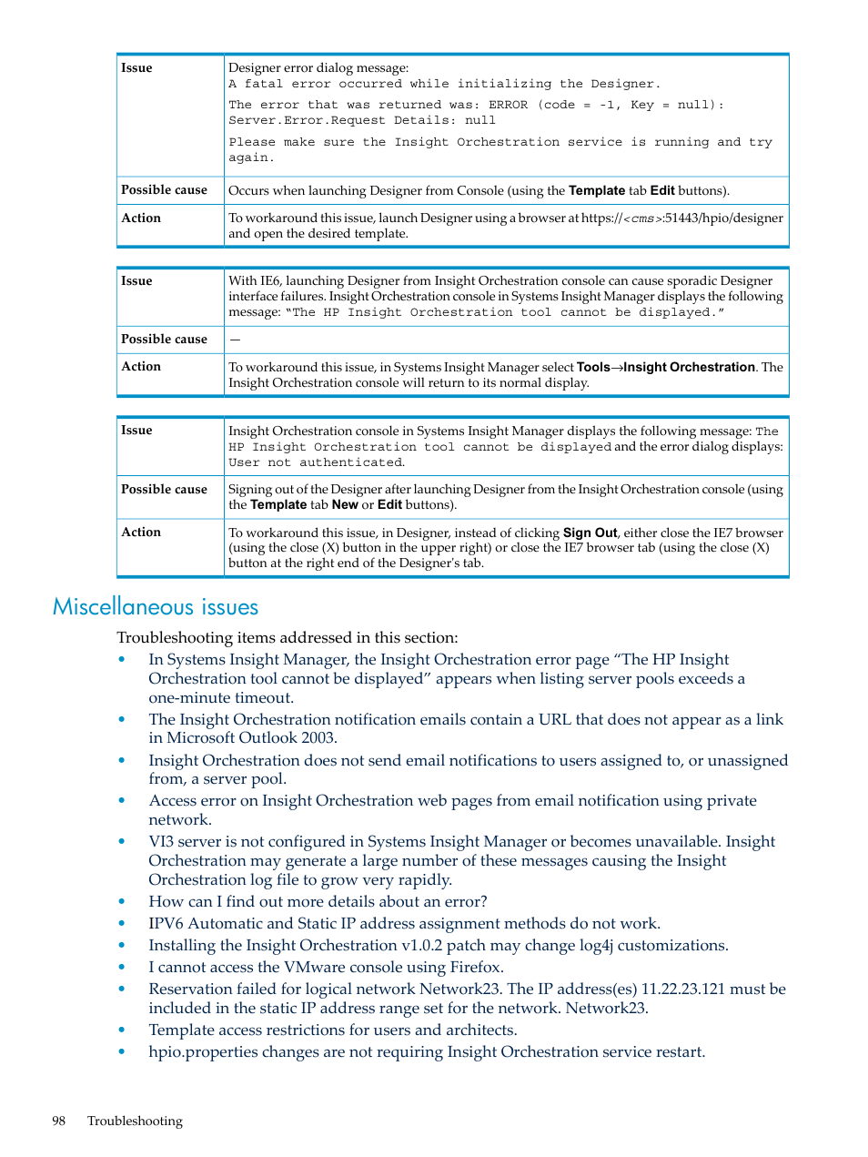 Miscellaneous issues | HP Matrix Operating Environment Software User Manual | Page 98 / 128