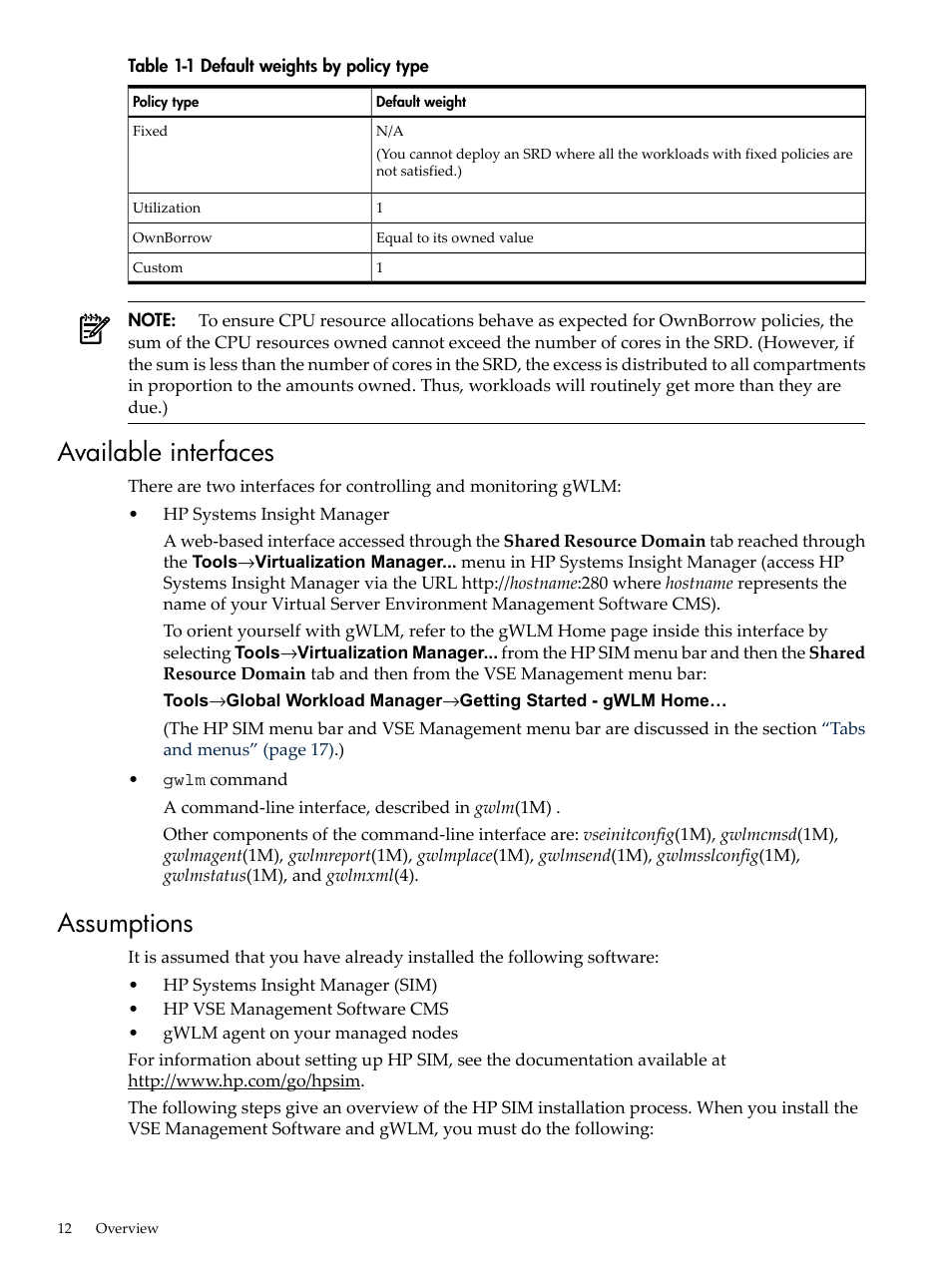 Available interfaces, Assumptions, Available interfaces assumptions | HP Matrix Operating Environment Software User Manual | Page 12 / 68