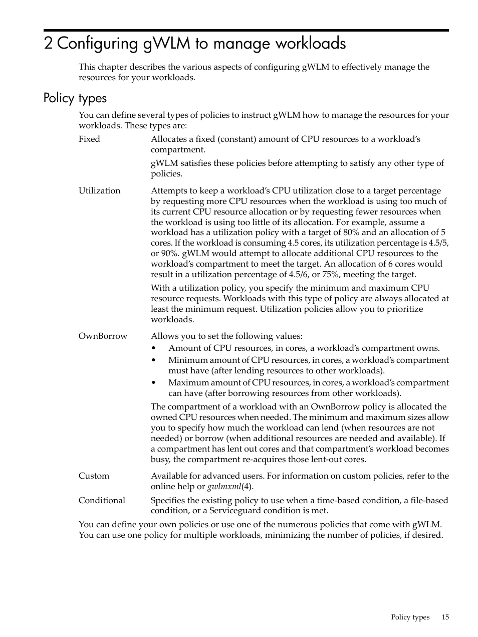 2 configuring gwlm to manage workloads, Policy types | HP Matrix Operating Environment Software User Manual | Page 15 / 68