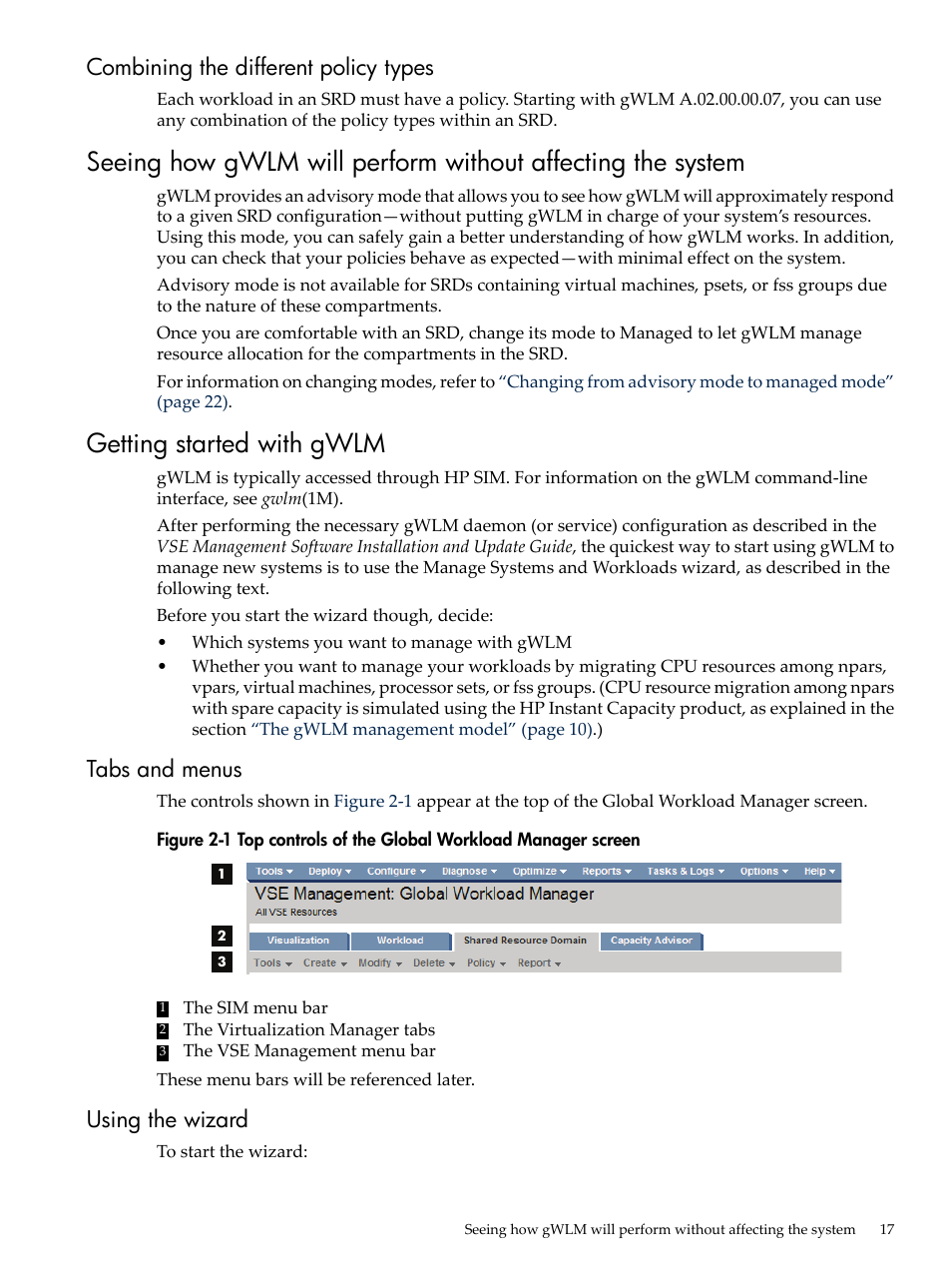 Combining the different policy types, Getting started with gwlm, Tabs and menus | Using the wizard, Tabs and menus using the wizard | HP Matrix Operating Environment Software User Manual | Page 17 / 68