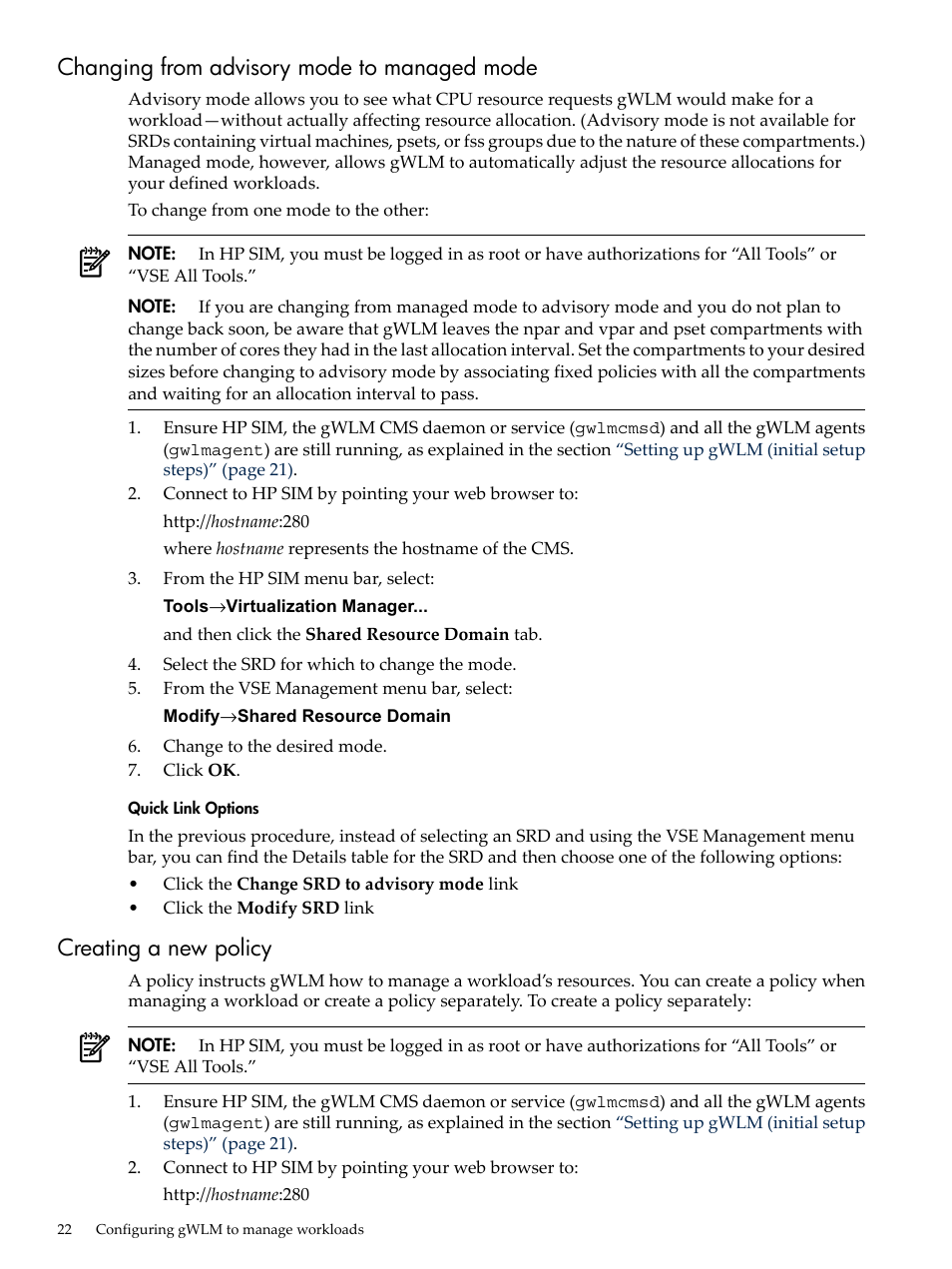 Changing from advisory mode to managed mode, Creating a new policy | HP Matrix Operating Environment Software User Manual | Page 22 / 68